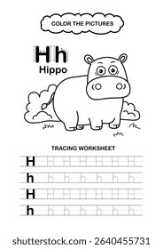 Illustration Isolated Animal Alphabet Trace and color Letter H-Hippo