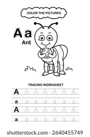 Illustration Isolated Animal Alphabet Trace and color Letter A-Ant