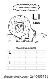 Illustration Isolated Animal Alphabet Trace and color Letter L-Lion