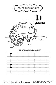 Illustration Isolated Animal Alphabet Trace and color Letter I-Iguana