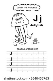 Illustration Isolated Animal Alphabet Trace and color Letter J-Jellyfish