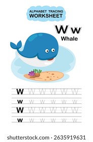 Illustration Isolated Animal Alphabet Tracing Worksheet  Letter W-Whale