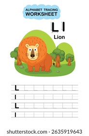 Illustration Isolated Animal Alphabet Tracing Worksheet  Letter L-Lion
