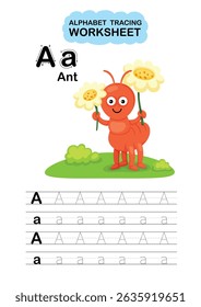 Illustration Isolated Animal Alphabet Tracing Worksheet  Letter A-Ant
