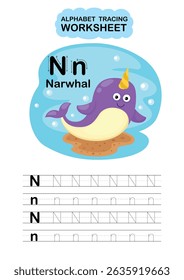 Illustration Isolated Animal Alphabet Tracing Worksheet  Letter N-Narwhal