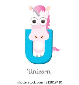 Illustration of isolated animal alphabet. U is for unicorn. Vector illustration.