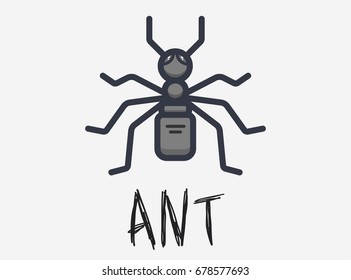 Illustration of isolated ant with black stroke and grey colored. Signed with it's name. Can be used for print, and web.