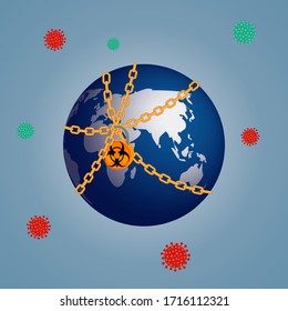Ilustración de un fondo aislado para el bloqueo mundial, la ilustración muestra el mundo con un bloqueo global debido al brote mundial de la mortal epidemia de virus de la corona.