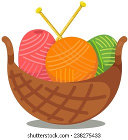 illustration of isolated basket of wool balls and knitting needles