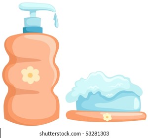 illustration of isolated bath bottle and soap  on white background