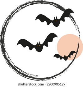 Illustration of isolated bats flying before moon on white. Vector bats