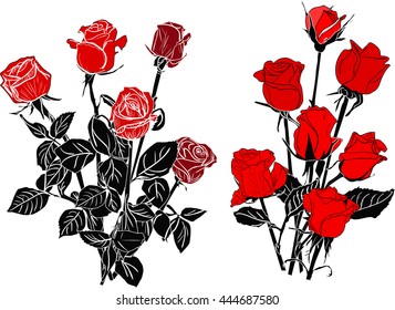 illustration with isolated black and red roses sketches