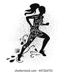 Illustration of isolated black running beautiful woman silhouette on a white background. Runner girl silhouette with text inside - find your happy pace. 