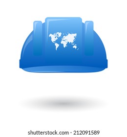Illustration of an isolated blue work helmet wit a world map