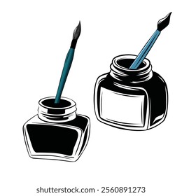 illustration of isolated bottles of paint with paintbrush