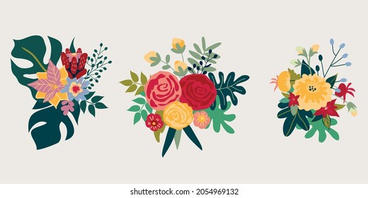 illustration with isolated bouquets of flowers, vector design for paper, fabric and other surface