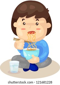 illustration of isolated boy eating noodles on white