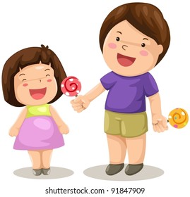 illustration of isolated boy and girl share candy on white
