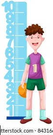 illustration of isolated boy with height scale on white