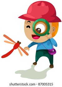 illustration of isolated boy looking through a magnifying glass