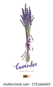 An illustration of a an isolated bunch of lavender tied together with silk ribbon, with hand drawn script underneath and a text placeholder for a ustom message