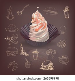 illustration isolated cake basket with cream on brown background