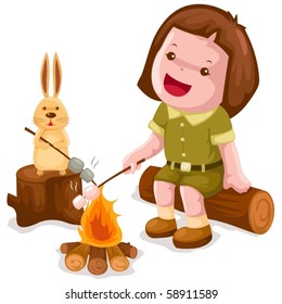 illustration of isolated camping girl roasting marshmallow