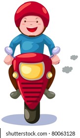 illustration of isolated cartoon boy riding motorcycle on white