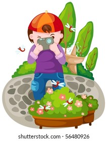 illustration of isolated cartoon boy taking a photo on white