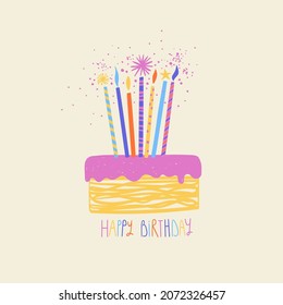 Illustration with isolated cartoon cake. Funny birthday card with cake and candles. Confectionery poster.