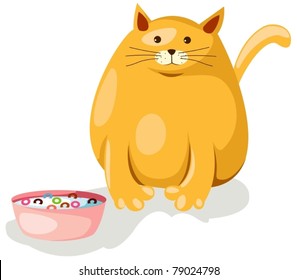 illustration of isolated cartoon cat with bowl on white