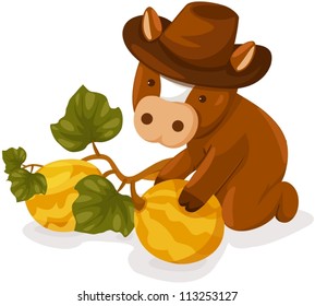 illustration of isolated cartoon cow with watermelon