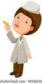 illustration of isolated cartoon doctor with syringe on white