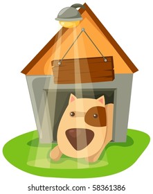 illustration of isolated cartoon dog in dog house on white