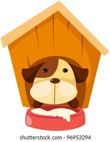 illustration of isolated cartoon dog in dog house on white