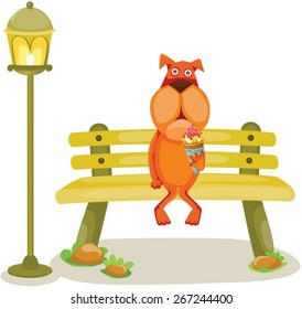 illustration of isolated cartoon dog sitting on the branch with ice cream