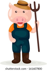 illustration of isolated cartoon farm pig with pitchfork