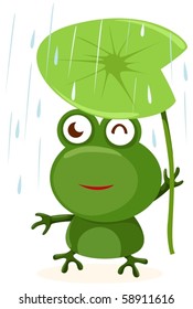 illustration of isolated cartoon frog with leaf on white