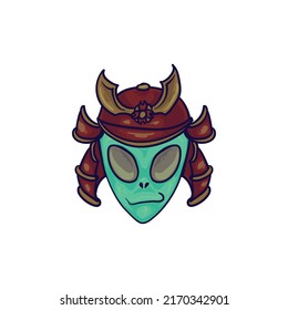 Illustration Isolated Cartoon Hand Drawn Alien Head Wearing Japanese Samurai Helmet
