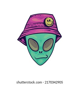 Illustration Isolated Cartoon Hand Drawn Alien Head Wearing Bucket Hat Smiley Face Pin Button Badge And Chill