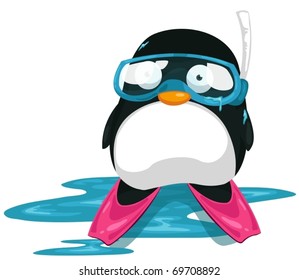 illustration of isolated cartoon penguin scuba diver on white