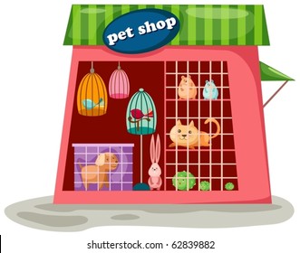 illustration of isolated cartoon pet shop on white background