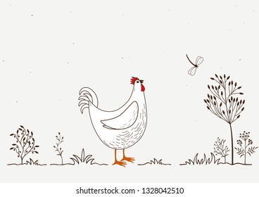 Illustration of isolated cartoon rooster and dragonfly