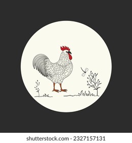 Illustration of isolated cartoon rooster and dragonfly