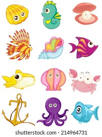 illustration of isolated cartoon set of sea animals