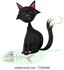 illustration of isolated cat and fish skeleton on white