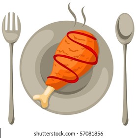 illustration of isolated chicken drumstick on plate with fork and spoon