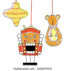 Illustration of isolated Christmas toys, among which the bear, lark, Nutcracker.