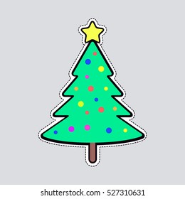 Illustration of isolated Christmas tree with colourful balls and bright yellow star on top patch. Cut out of paper. Evergreen tree on wooden stem. Xmas toy in simple cartoon design. Front view. Vector