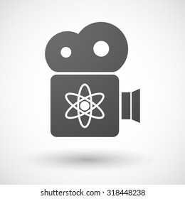 Illustration of an isolated cinema camera icon with an atom